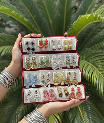 Set Of 12 Oxidized Designer Stud Earrings With Folding Jewelry Box