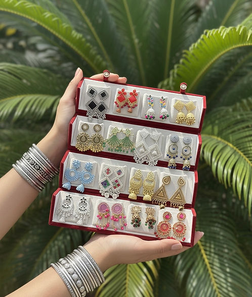 Set Of 12 Oxidized Designer Stud Earrings With Folding Jewelry Box