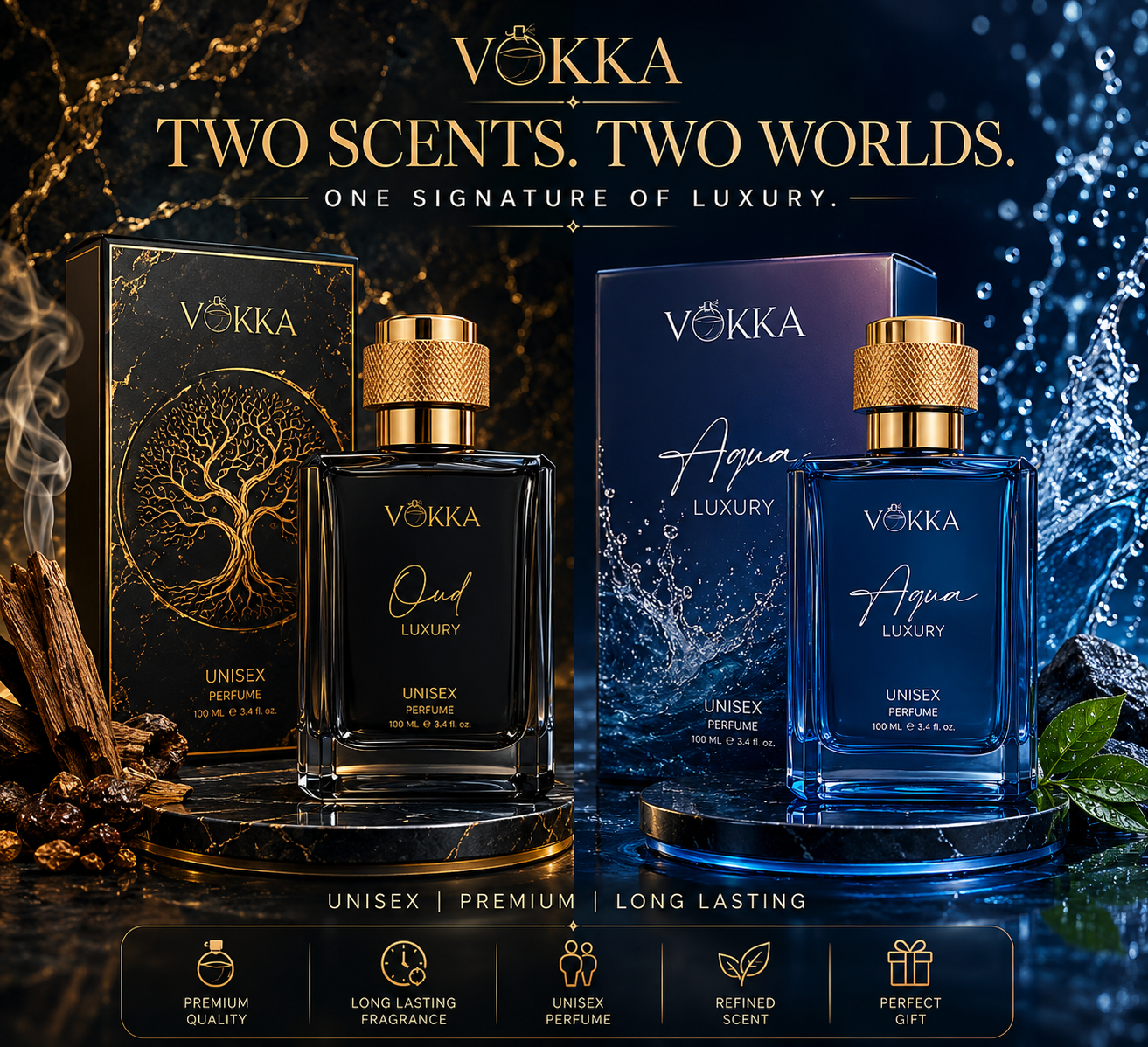 VOKKA Oud & Aqua 200 ml Pack of 2 x 100ml Unisex Luxury Long Lasting Perfume